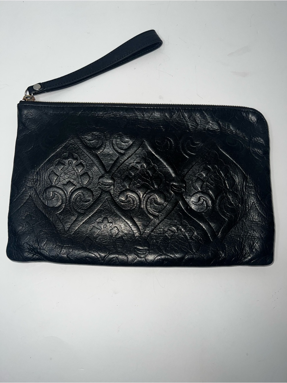 Hobo Black Embossed Leather Wristlet Clutch Bag/Purse with Heart Designs